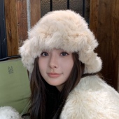 真兔毛帽子女秋冬百搭保暖毛绒帽显脸小皮草护耳针织毛线帽渔夫帽