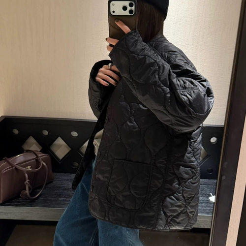 Montague正品松弛感韩系韩女Ins通勤风黑色绗缝宽松保暖棉服外套