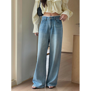 浅蓝色宽松阔腿直筒裤 新款 子 女夏季 设计感高腰蕾丝拼接腰头牛仔裤