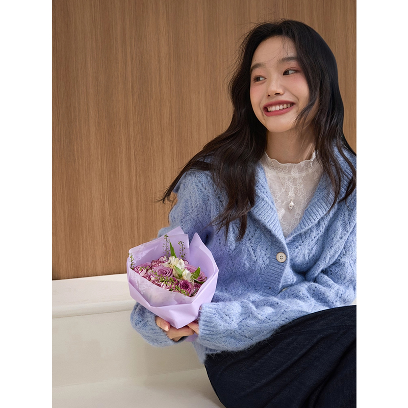蓝色慵懒风海军领镂空针织开衫上衣女2025秋季新款长袖毛衣外套冬