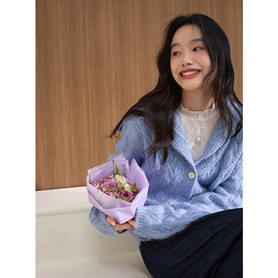 长袖 新款 毛衣外套冬 上衣女2025秋季 蓝色慵懒风海军领镂空针织开衫