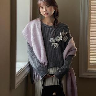 下摆不规则上衣 复古立体花朵毛衣女秋季 橙花与乌木