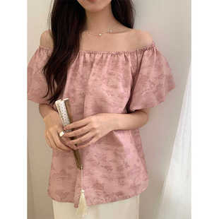 新中式 法式 百搭甜美减龄夏季 小衫 锁骨上衣女 复古温柔一字肩泡泡袖