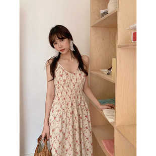棉制田园风复古V领碎花吊带连衣裙女内搭中长裙 法式 夏日花语