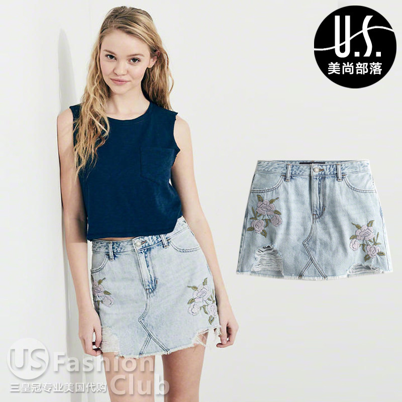新款美国专柜HCO正品Hollister女高腰刺绣牛仔短裙半身裙国内现货