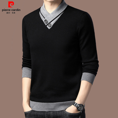 皮尔卡丹100%纯羊毛衫男秋冬季加厚V领打底衫男款时尚男士毛衣潮
