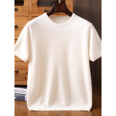 新款高端男士简约纯山羊绒衫短袖T恤秋冬季纯色圆领针织打底上衣