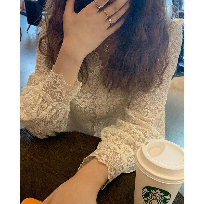 法式洋气内搭蕾丝打底衫早秋季新款白色V领设计感网纱长袖上衣女