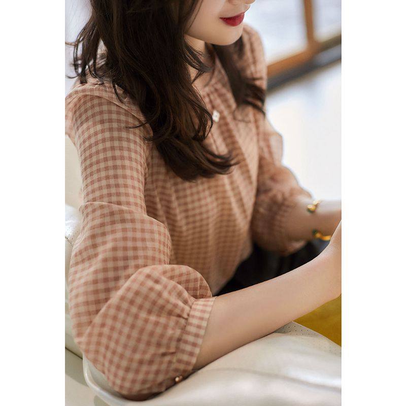 千鸟格设计感雪纺衬衫女2021春秋装新款小众灯笼袖宽松气质上衣女