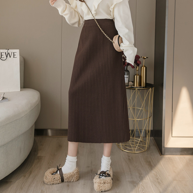 2021秋冬新款chic风高腰直筒一步长裙加厚韩版中长款针织半身裙女