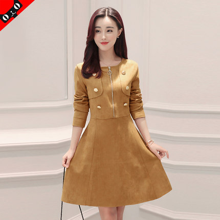 鹿皮绒连衣裙女长袖2017秋款韩版气质打底连衣裙A字修身秋冬裙子