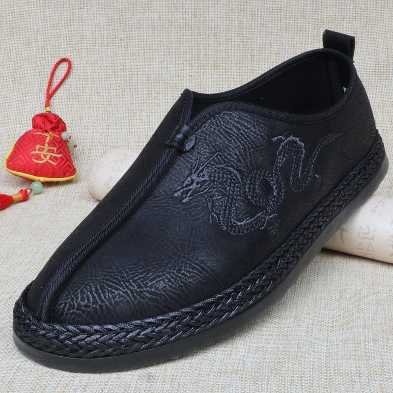 老北京布鞋男春秋季牛筋底休闲鞋中式汉服刺绣舒适柔软老年宽胖脚