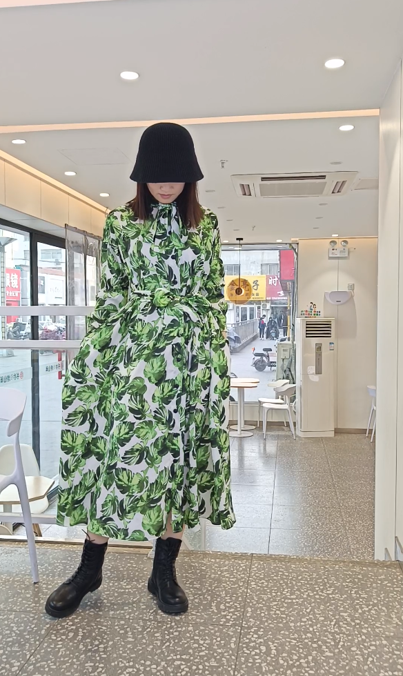 春夏新款韩版时尚宽松腰间系带过膝长款淑女长袖龟背竹女士连衣裙