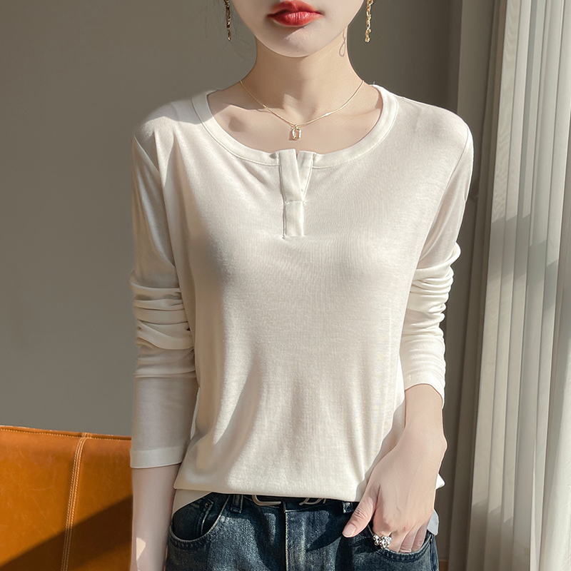 春秋薄款纯色半开领女简约T恤宽松显瘦长袖针织休闲百搭打底小衫