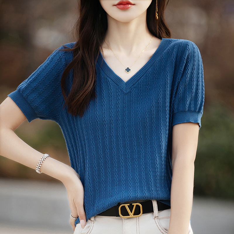 2025夏季薄款V领波浪纹纯棉针织衫女气质提花纯色减龄时尚短袖
