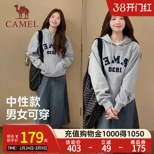 Camel骆驼卫衣复古连帽外套春季宽松休闲薄绒套头情侣卫衣女