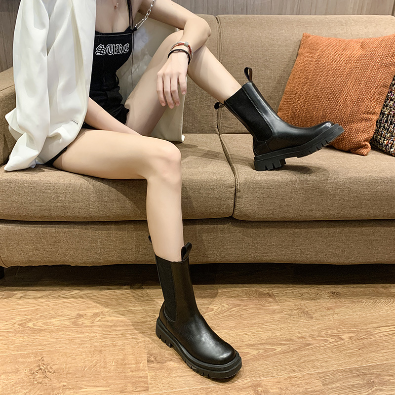 mona马丁靴女夏季薄款黑色新款百搭厚底bv中筒切尔西靴英伦风