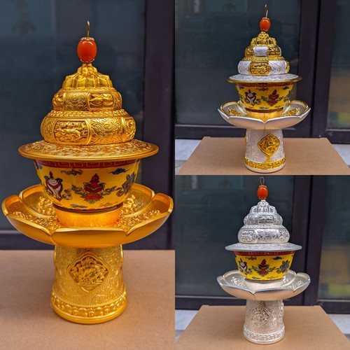 藏式八吉祥高脚贡碗合金茶架陶瓷供碗 精美精致风水家居桌面摆件