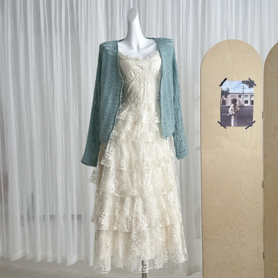 新品WESTAYONE薄荷绿毛衣开衫+蕾丝蛋糕吊带连衣裙女春夏新款
