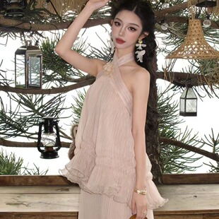 拂仙法式浪漫露背挂脖连衣裙搭仙气披肩夏季海边度假