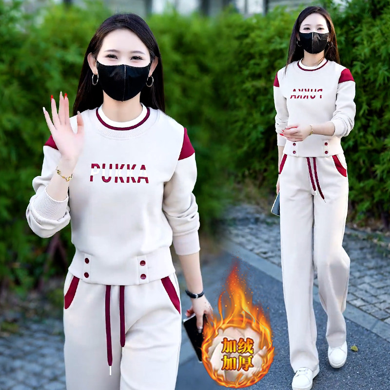 高含棉2025秋冬新款加绒加厚套装女士圆领卫衣阔腿裤两件套