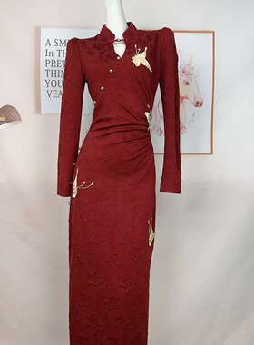 凌茜恣禾红色新中式改良旗袍女早秋订婚长袖提花针织收腰连衣裙