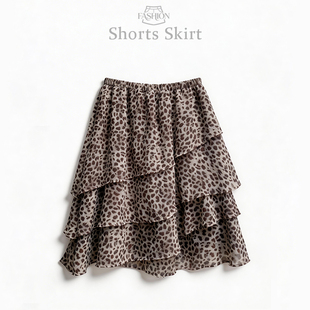 高腰a字不规则雪纺中裙5分裙子 实拍豹纹层次感荷叶边半身裙女夏季
