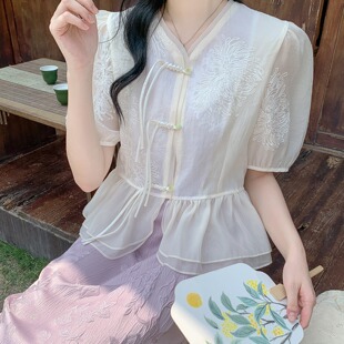 衬衫 夏季 短袖 盘扣泡泡袖 女设计感刺绣百搭女士衬衣 时尚