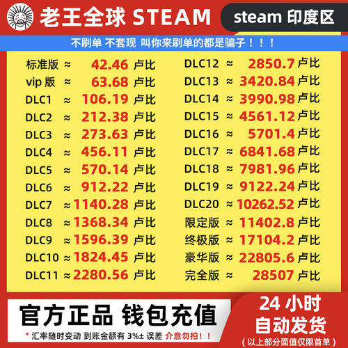 【自动秒发】印度区Steam充值卡钱包充值码INR 50 100 卢比余额