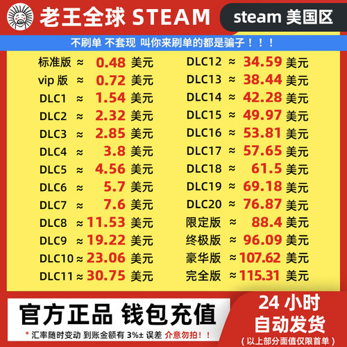 Steam充值卡美金区钱包码余额1/2/5/6/10/15/20/50美元100刀 USD