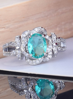 直播新款仿真碧波绿碧玺彩宝戒指 多层高碳钻玫瑰花朵开口戒指女