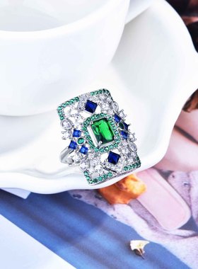 仿祖母绿开口戒指 ArtDeco爱德华时期女新款潮小香秋冬首饰