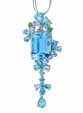 直播新款仿海蓝宝吊坠女 摩根彩色宝石粉钻圣玛利亚蓝彩宝项链