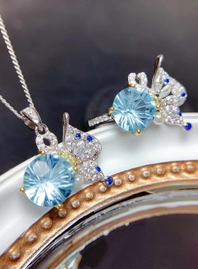 新款超仙设计蝴蝶套装 网红直播天空蓝托帕石烟花切戒指吊坠项链