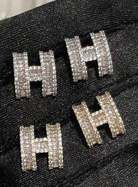 925银轻奢套装H形梯方钻石项链微镶H字母耳钉设计潮感开口戒指