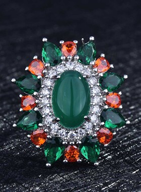 新款欧美奢华炫目仿祖母绿戒指 冬日里的彩宝花园开口玉髓戒指女