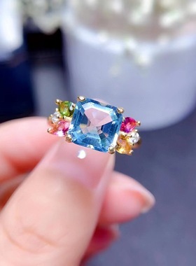 新款直播爆款祖母绿切工圣玛利亚托帕石戒指 海蓝宝开口女戒