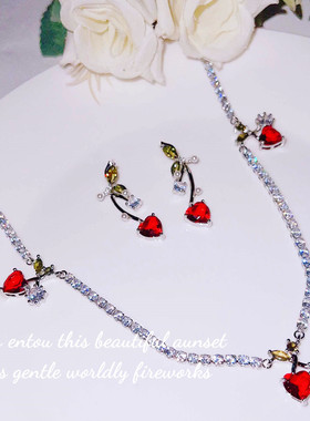 925银少女甜美爱心樱桃造型项链璀璨满天星果汁心形红色樱桃耳环