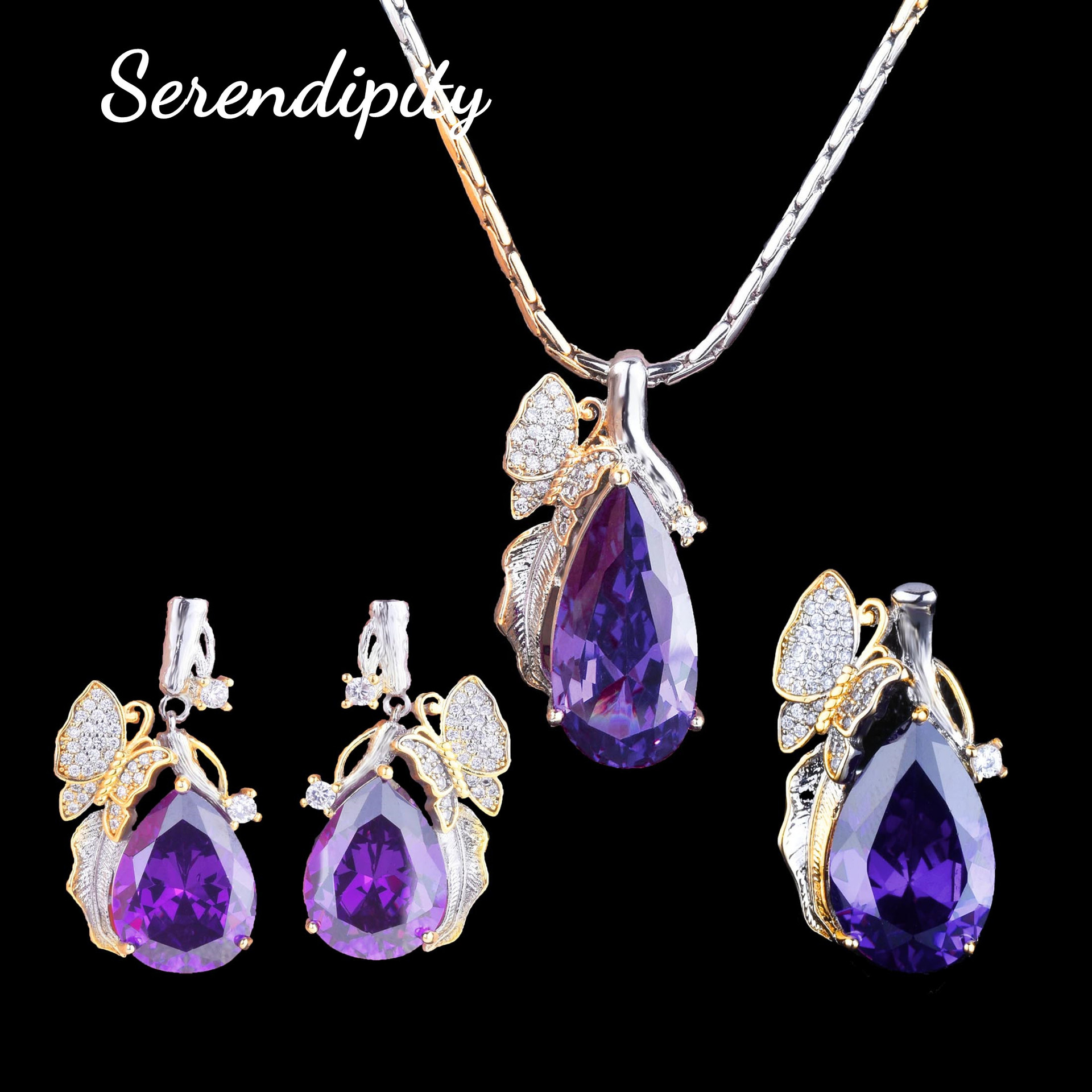 复古双色金超仙花蝴蝶套装 芬达色帕帕拉恰项链紫水晶彩宝耳钉戒