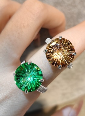 直播爆款仿天然烟花切工祖母绿戒指超闪10克拉香槟色精工开口