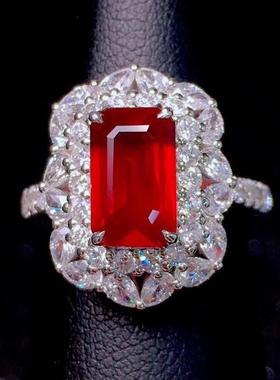 直播爆款公主方形鸽血红宝石戒指 镀18k金豪镶钻戒奢华珠宝彩宝女