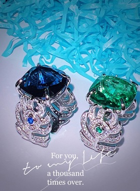 小红书推荐仿天然皇家蓝戒指大克拉仿真祖母绿肥方彩宝开口戒指女