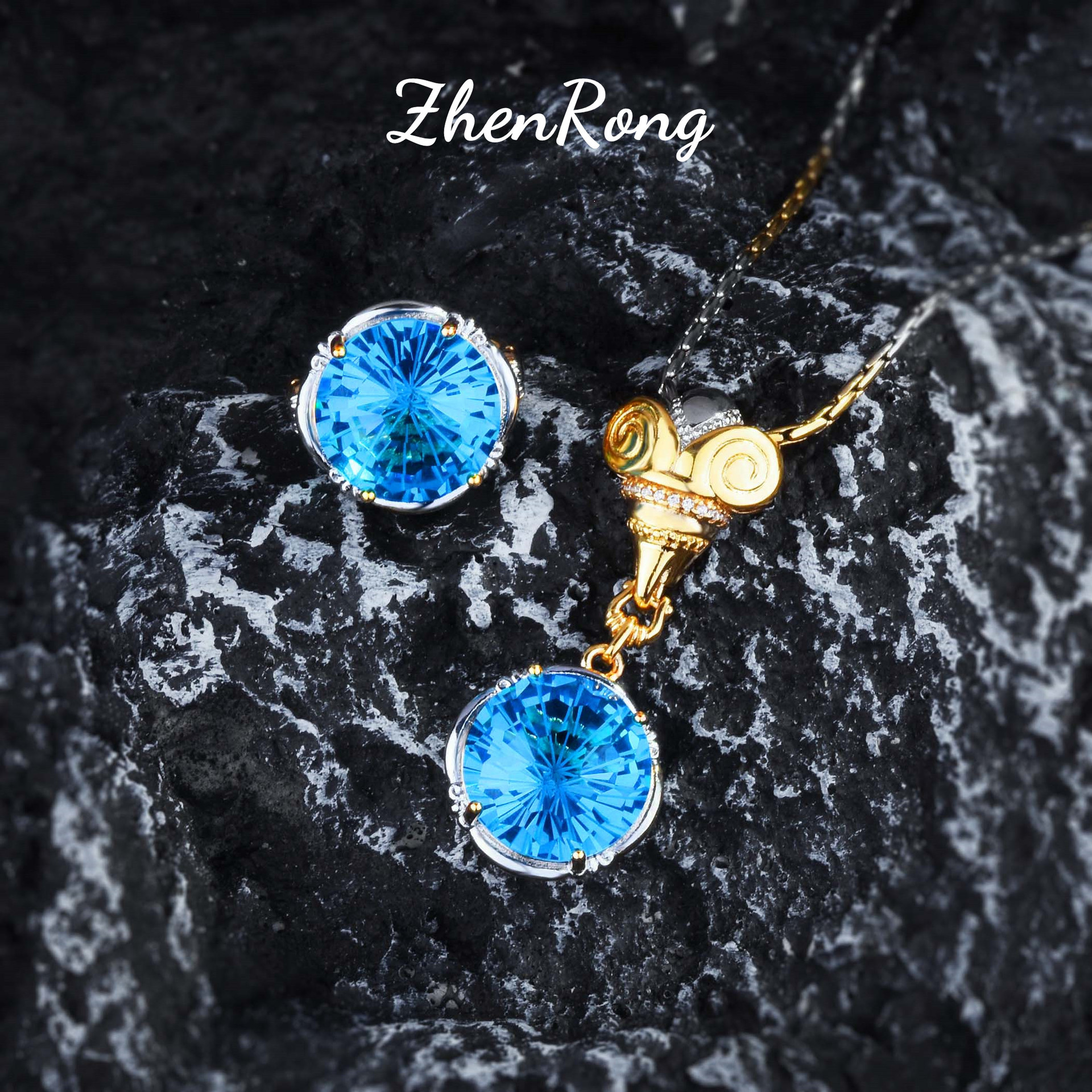 中古风祖母绿彩宝套装 15克拉烟花切海蓝钻戒指羊头吊坠黄钻项链