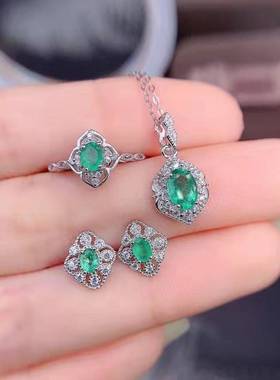 925银简约仿真鸽血红宝石套装冰花绿彩宝项链轻巧耳钉开口戒指