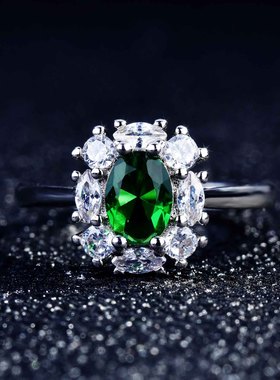 直播货源仿真绿祖母彩宝戒指女 戴妃款满钻群镶开口戒指