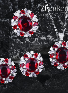 925纯银鸽血红宝石套装夸张鸽子蛋锆石吊坠彩宝耳钉开口戒指项链