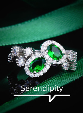 直播福利品彩宝开口戒指 仿真祖母绿双鹅蛋形食指条戒排戒女