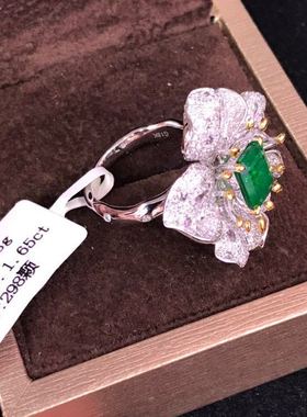 小红书推荐高级定制彩宝开口女戒 微镶满钻仿祖母绿花朵活口戒指