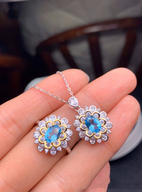 网红直播彩宝饰品套装仿天空蓝托帕石项链 鸽血红宝石开口戒指女