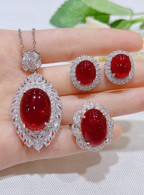 925银光面仿鸽血红宝石套装夸张鸽子蛋锆石吊坠彩宝耳钉开口戒指